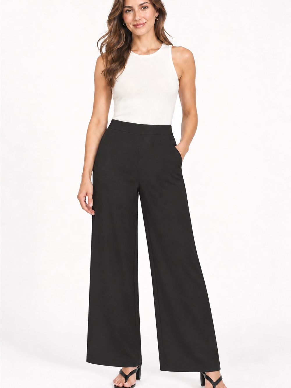 Three Dots Black Wide-Leg High-Rise Pants